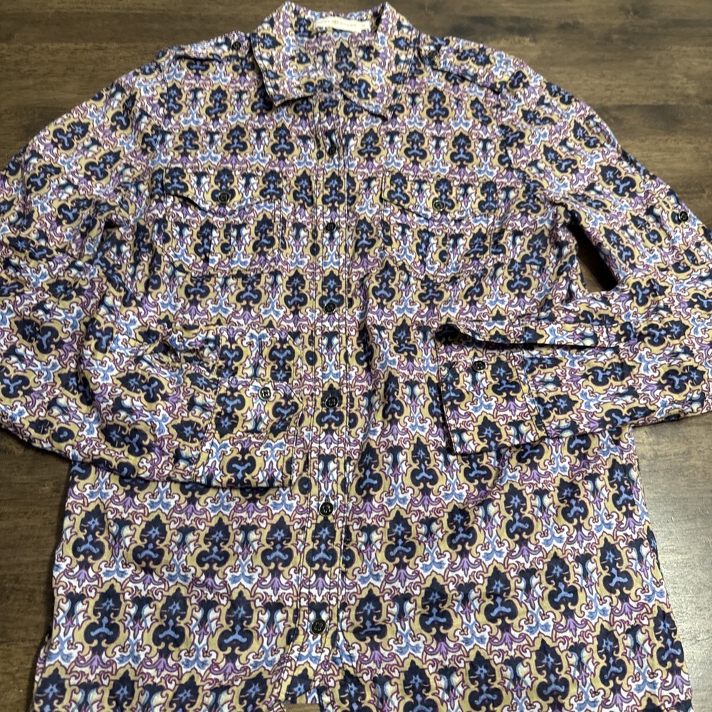 Tory Burch Cotton Demask Kaleidoscope Button Blouse Roll Tab Long Sleeve Sz 10 - Picture 9 of 11